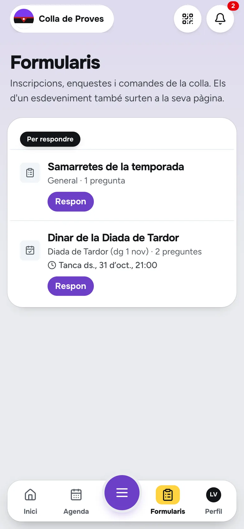 Pantalla de l'app: Formularis i botiga