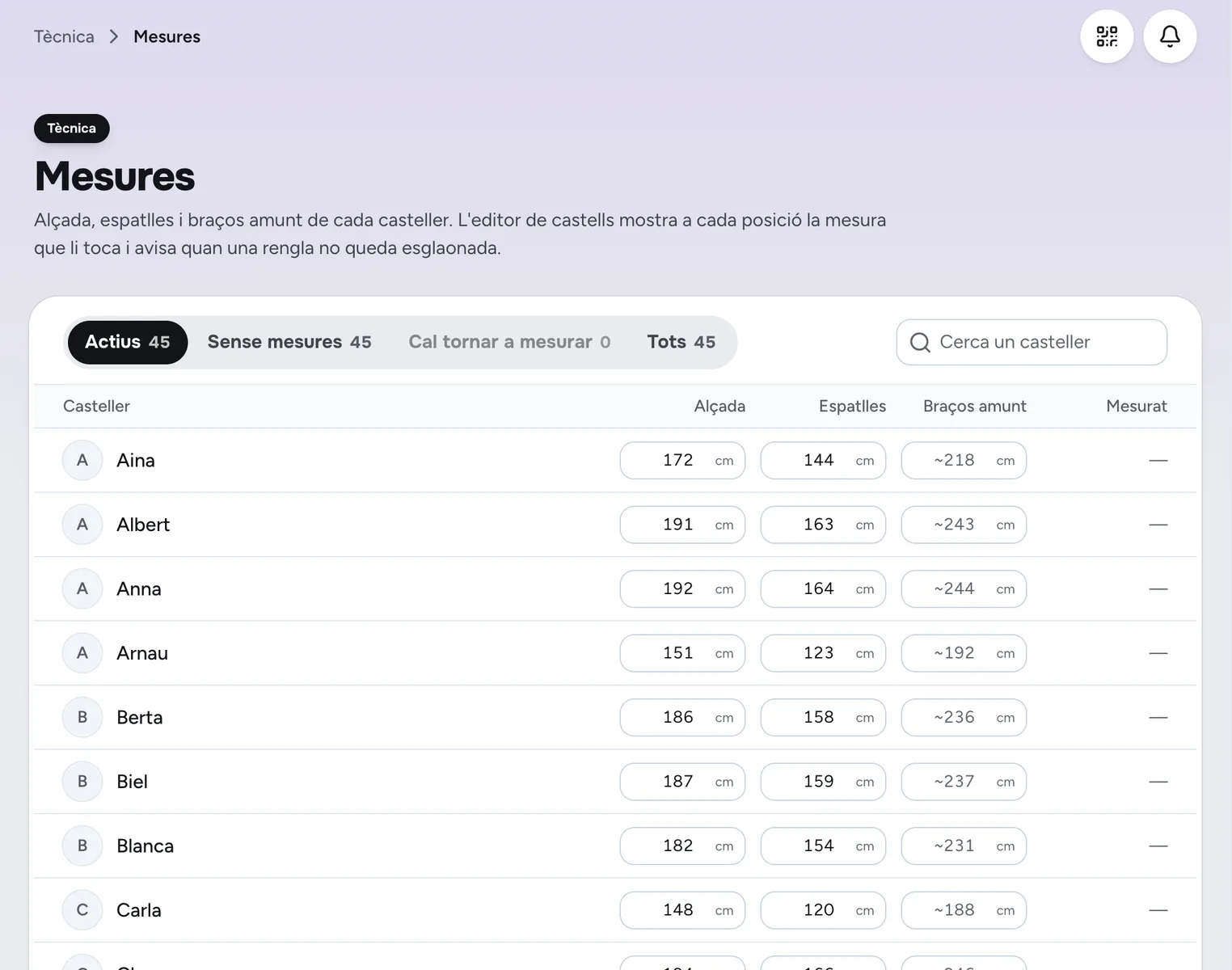 Pantalla de l'app: Mesures i alçades
